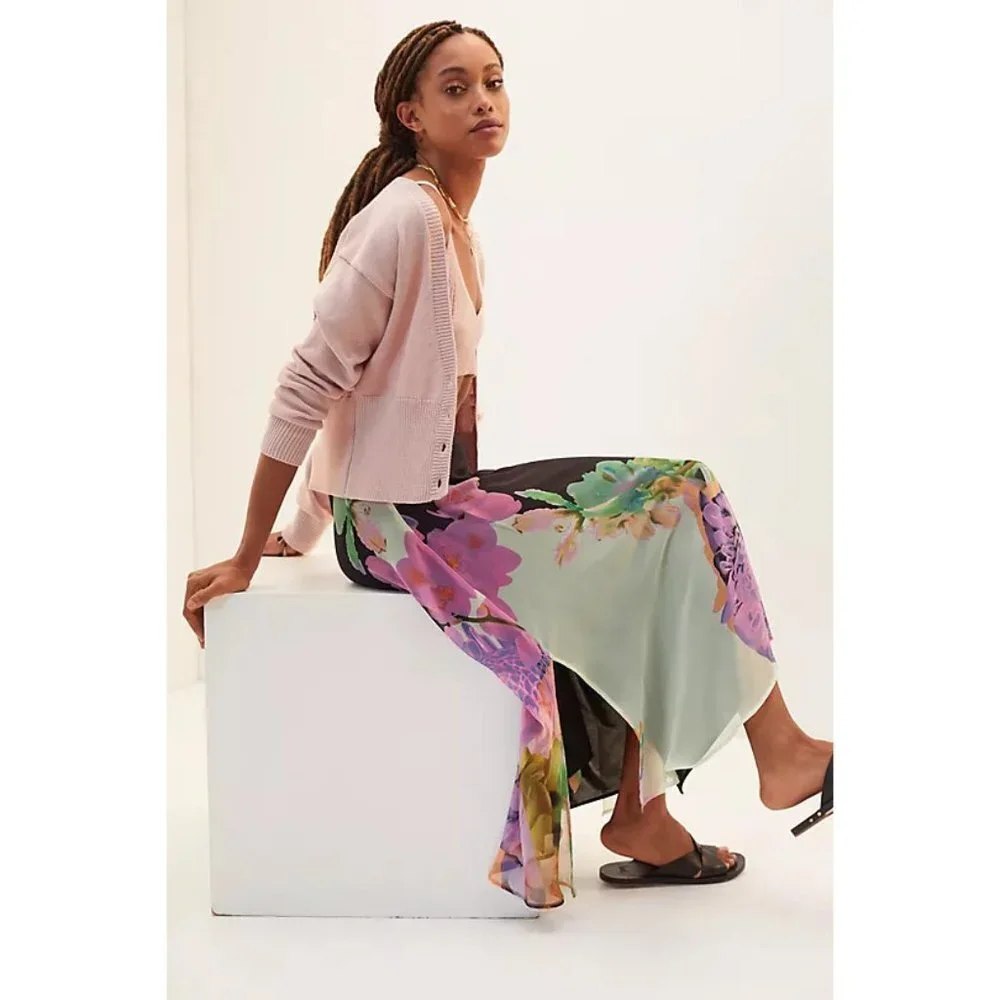 Eva Franco Anthropologie large Floral Midi Skirt A Line chiffon lavender black - Picture 3 of 6